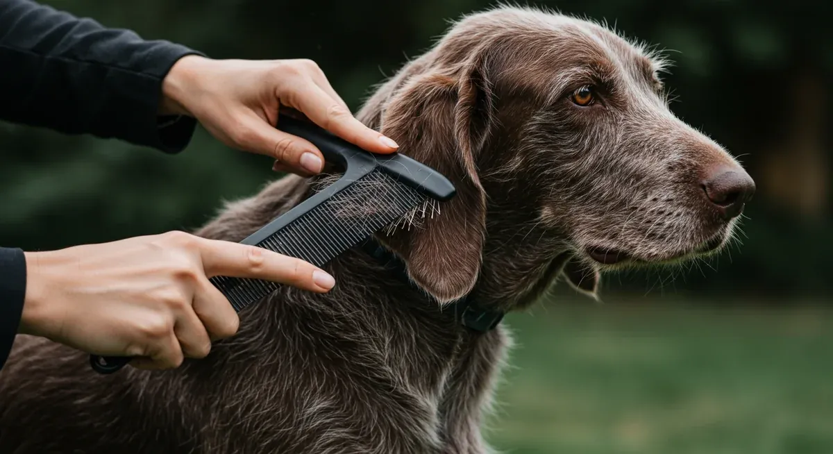 Hands demonstrating proper brushing technique on a Spinone Italiano using wide-tooth and fine-tooth combs in sequence