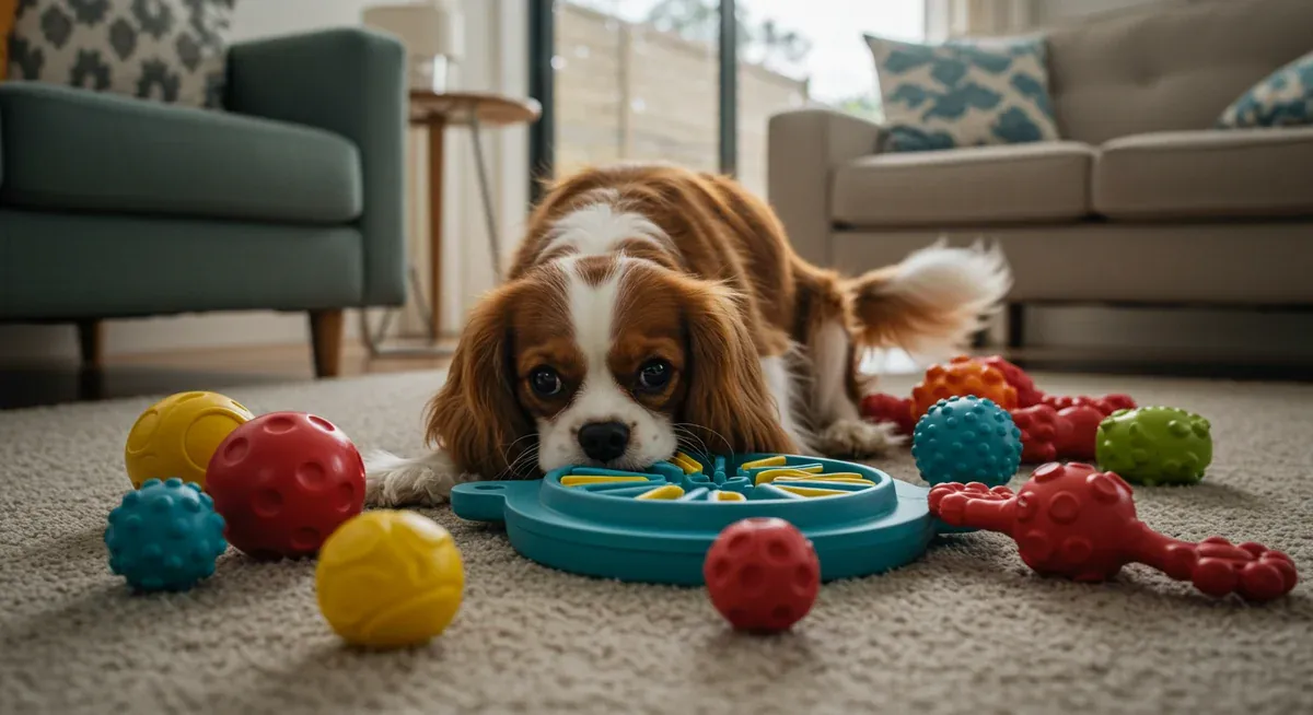 A Cavalier King Charles Spaniel engaged with puzzle toys and interactive feeders on a living room floor, showing mental stimulation activities that help prevent boredom-related barking