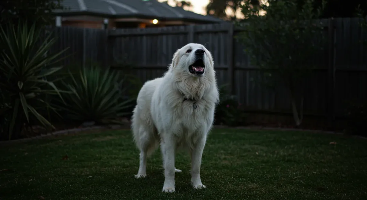 A Great Pyrenees dog barking in a backyard at dusk, demonstrating the night barking behavior that commonly affects households with this breed
