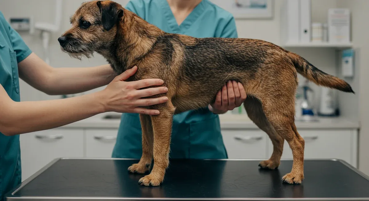 Veterinary hands examining a Border Terrier's body condition by feeling for ribs, demonstrating proper body condition assessment technique