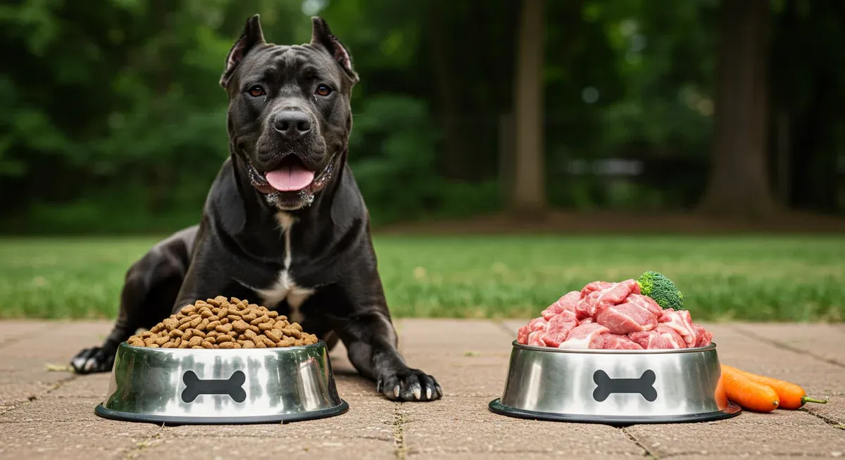 Two dog bowls showing the contrast between high-carbohydrate kibble and fresh, low-carb whole foods, illustrating dietary choices that affect Cane Corso digestive health