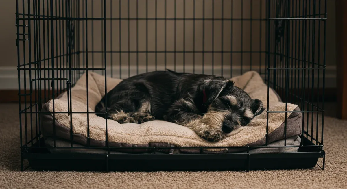 Mini Schnauzer puppy resting comfortably in a properly-sized crate, demonstrating the effectiveness of crate training for this breed's natural cleanliness instincts