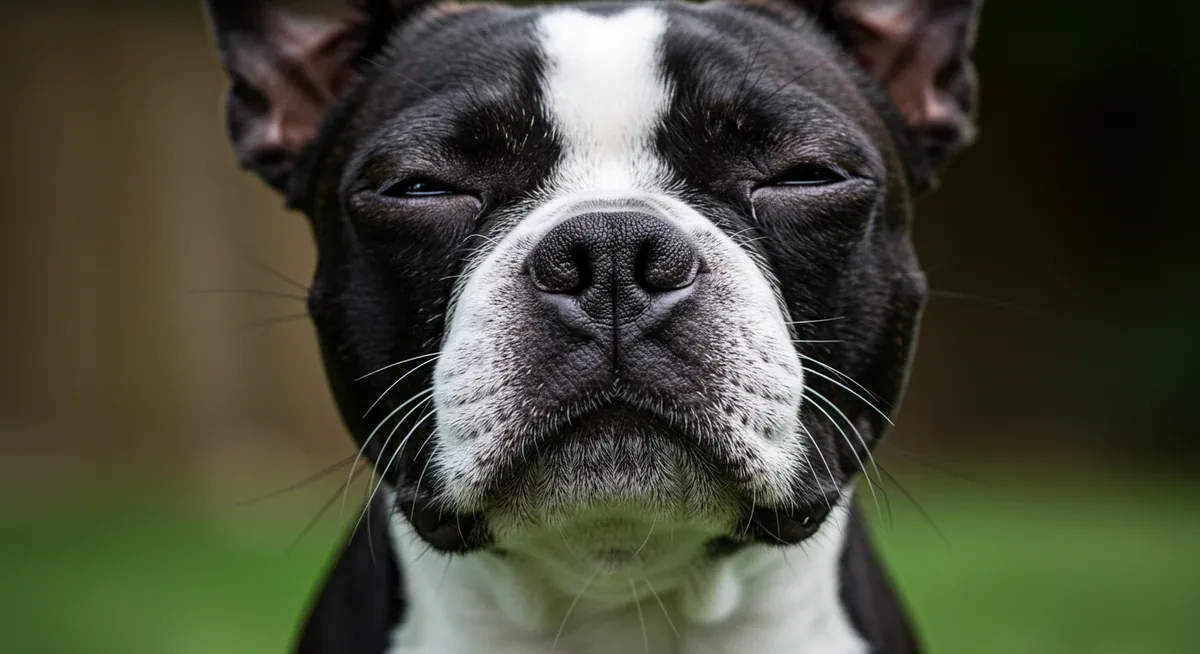 Close-up of a Boston Terrier's flat face showing narrow nostrils and compressed airways that cause breathing difficulties