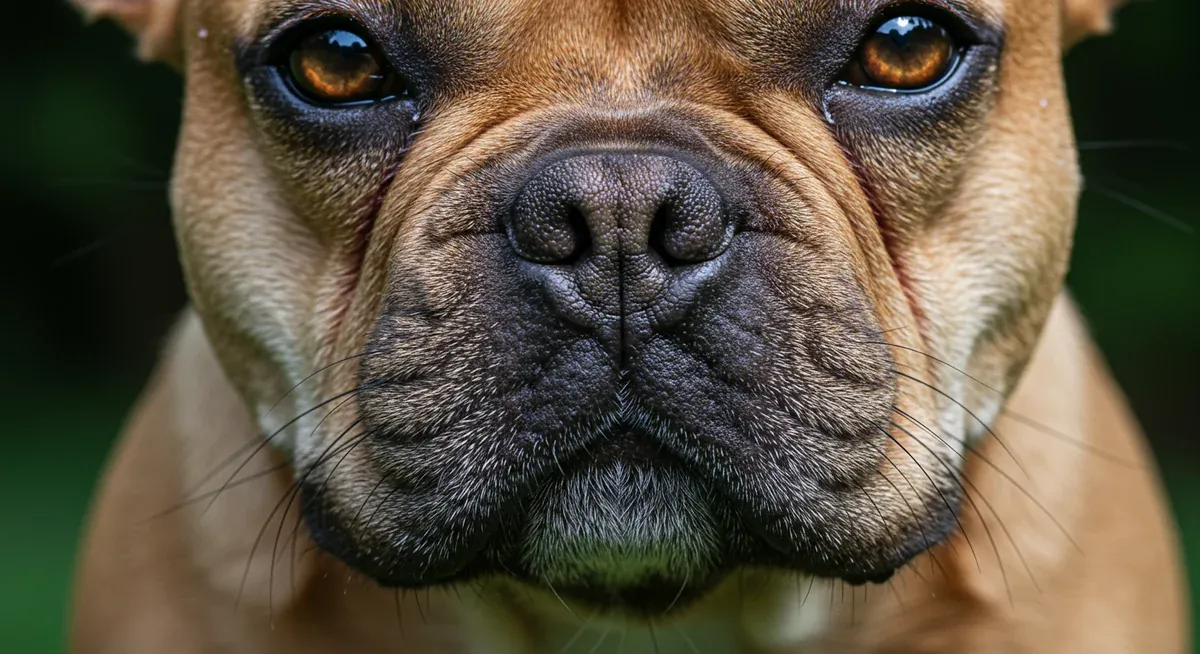 Close-up of French Bulldog's facial wrinkles and folds showing areas where allergens can accumulate and cause irritation