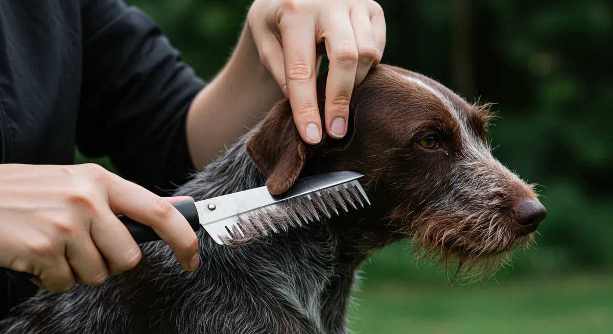 Close-up demonstration of hand-stripping technique being performed on a Wirehaired Pointing Griffon's coat, showing proper tool usage and hair removal method