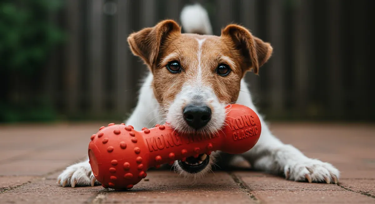 Close-up of Fox Terrier's jaws gripping a natural rubber KONG toy, demonstrating the durability needed for this breed's powerful bite strength