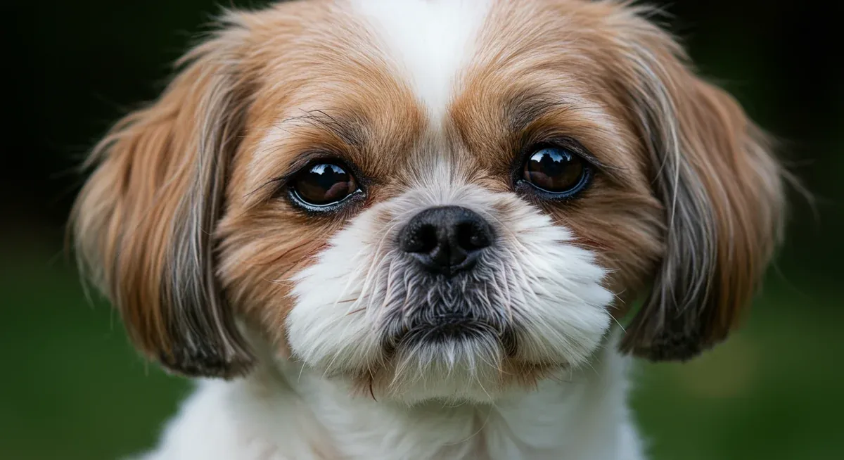 Detailed close-up of a Shih Tzu's facial anatomy showing the flat face structure and eye socket formation that leads to tear drainage problems