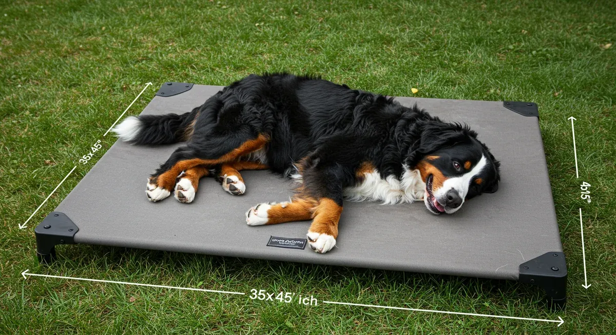 A Bernese Mountain Dog lying fully stretched on a large dog bed with measurement indicators showing proper sizing requirements for the breed