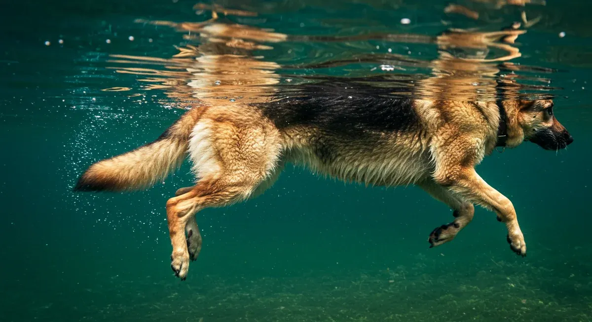 Underwater view of German Shepherd's legs and joints while swimming, illustrating how water buoyancy reduces stress on joints prone to dysplasia