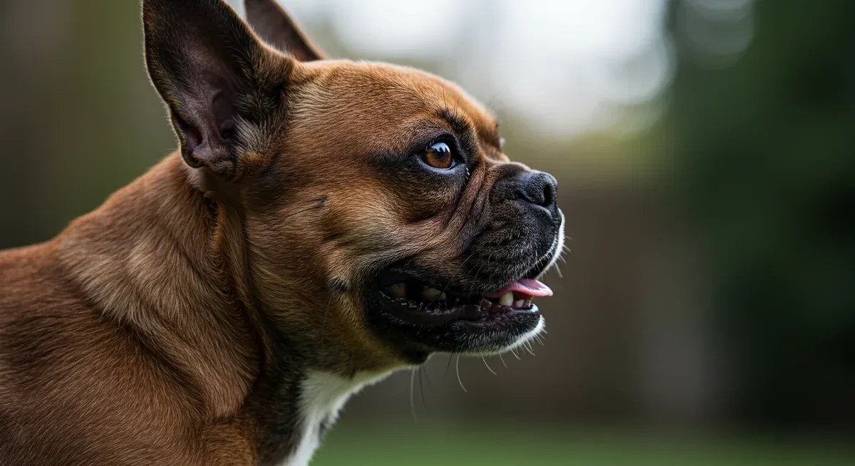 Close-up profile view of a French Bulldog's flat face showing their brachycephalic anatomy that causes them to swallow excess air while eating and breathing