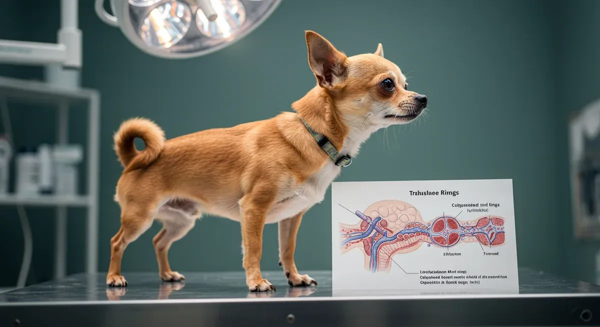 Anatomical diagram showing tracheal collapse in a Chihuahua's windpipe, illustrating the structural cause of the characteristic honking cough