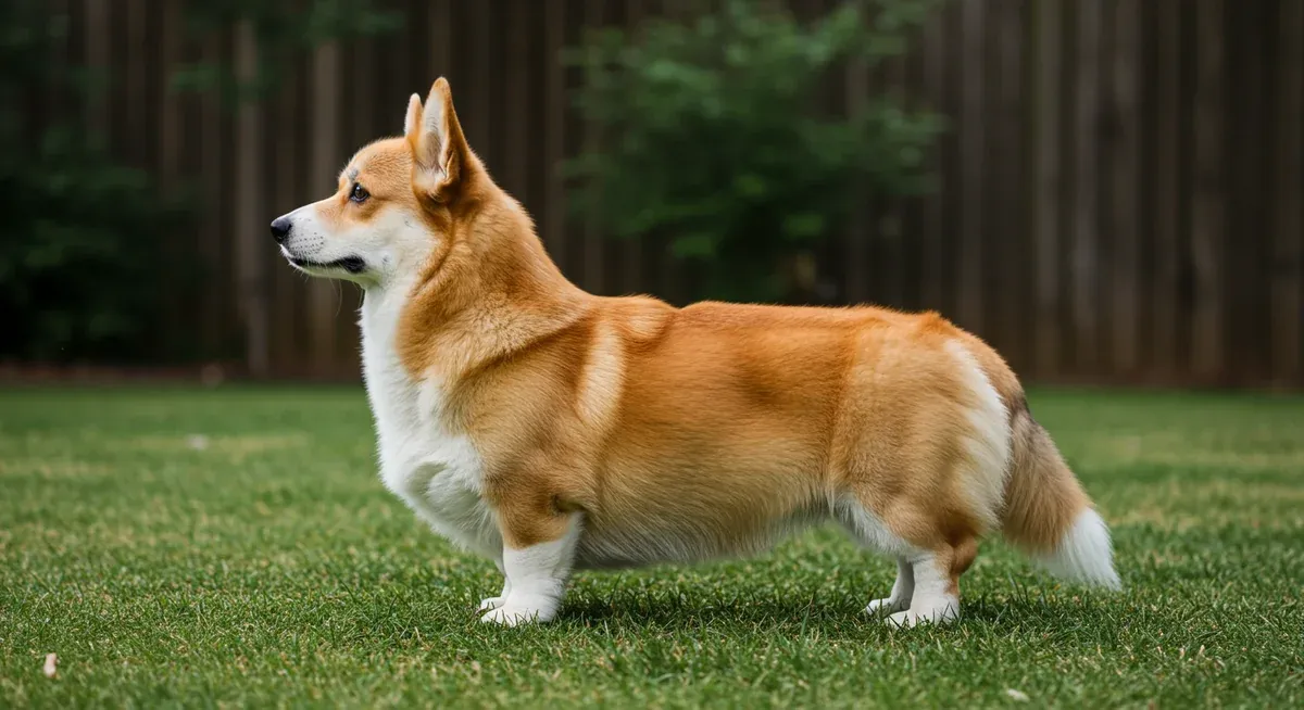 Side view of a Pembroke Welsh Corgi showing the breed's distinctive short-legged, long-backed body structure that affects their dietary needs