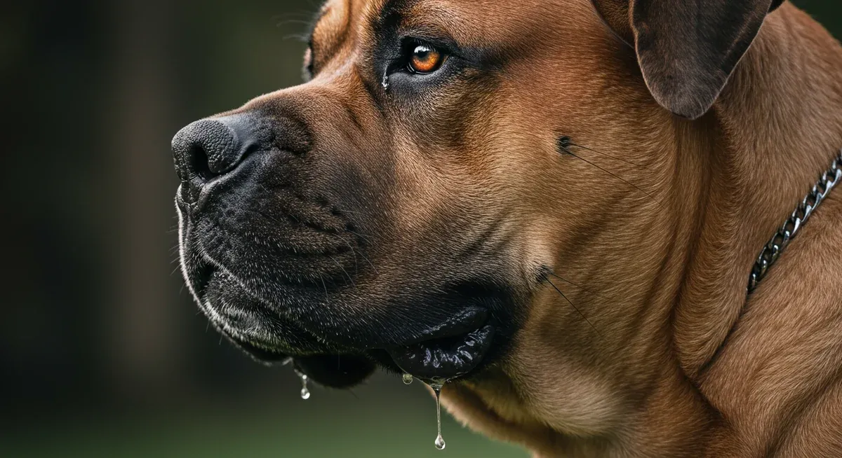 Detailed side profile of a Bullmastiff's head showing the loose lips and prominent jowls that create natural pockets for saliva collection, explaining the anatomical cause of drooling