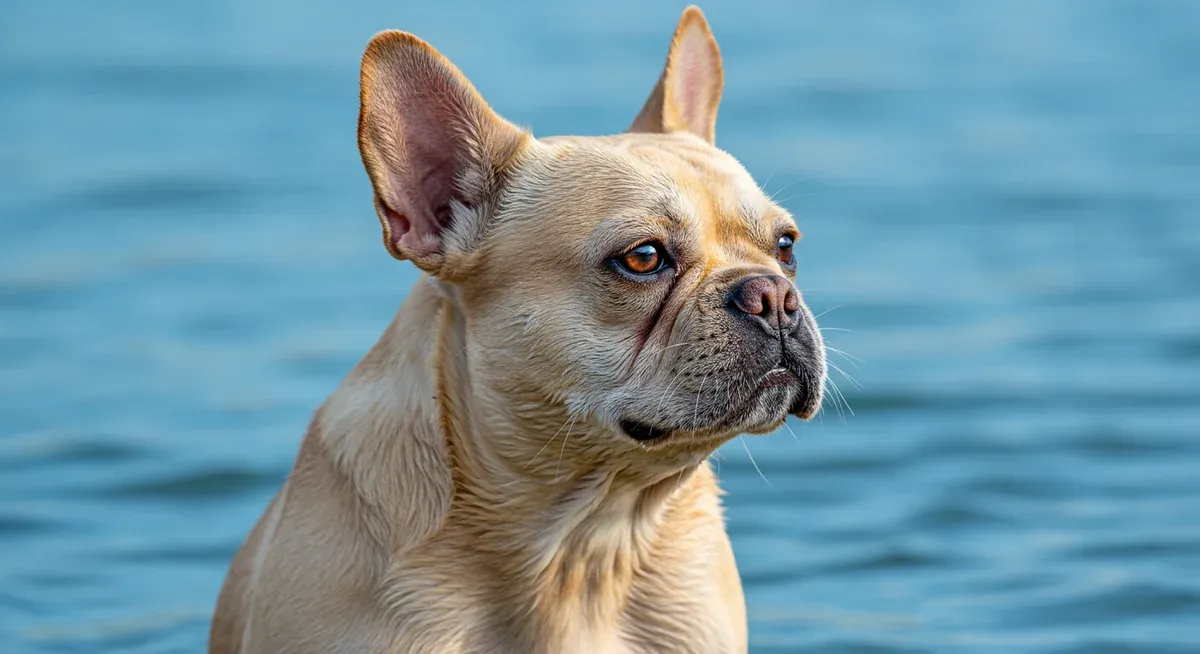 Close-up of French Bulldog's face showing flat features and muscular build that make swimming difficult