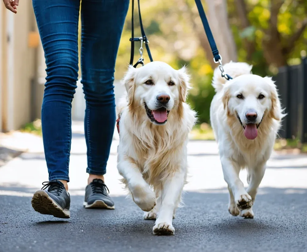 Two dogs on parallel walks demonstrating controlled socialization technique, with both animals showing calm, relaxed body language