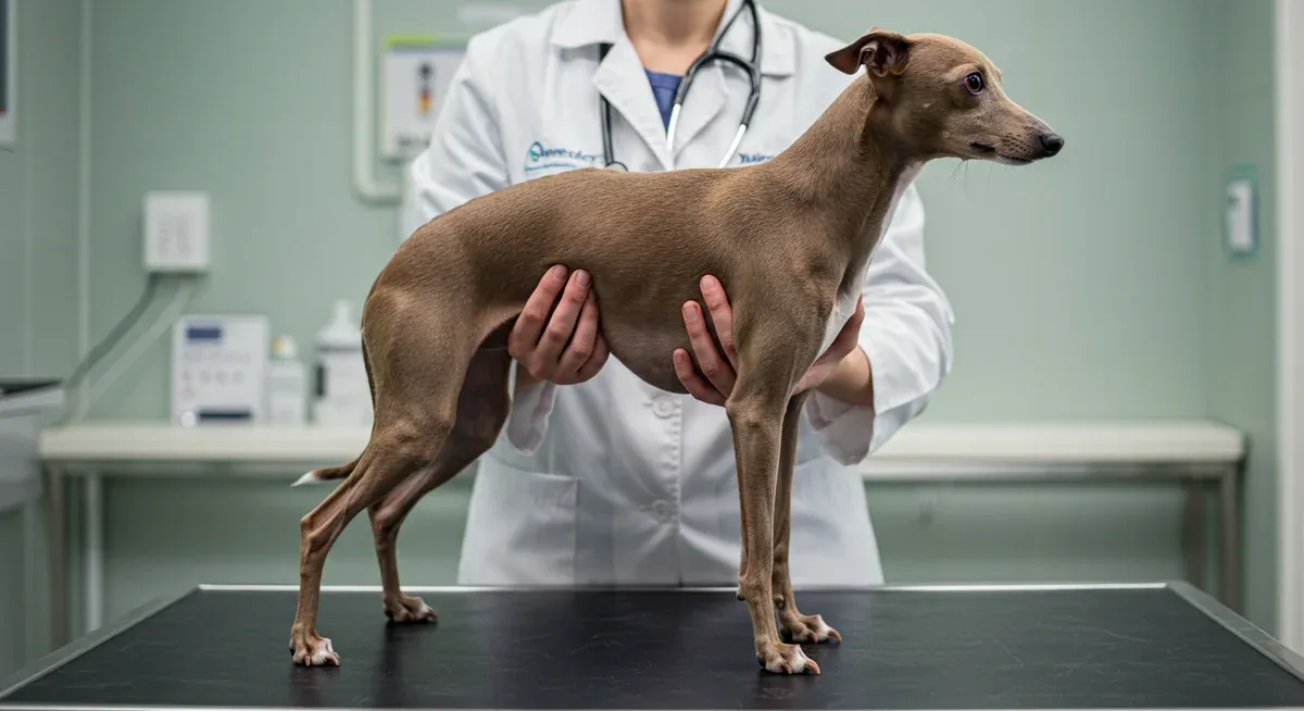 Veterinarian examining an Italian Greyhound's body condition to assess weight and health, demonstrating proper dietary problem evaluation