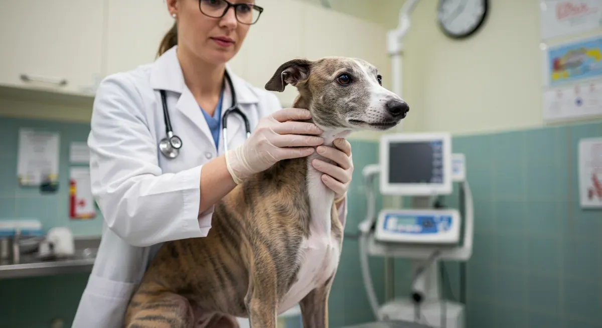 Veterinarian examining a Whippet for signs of food sensitivities including skin and ear issues commonly associated with grain allergies