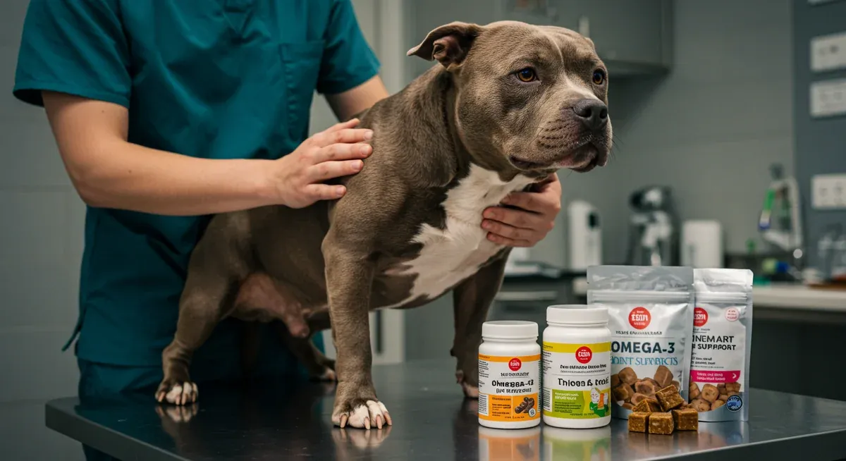 Healthy American Bully being examined for skin and coat condition with nutritional supplements visible, showing preventive health care through proper nutrition