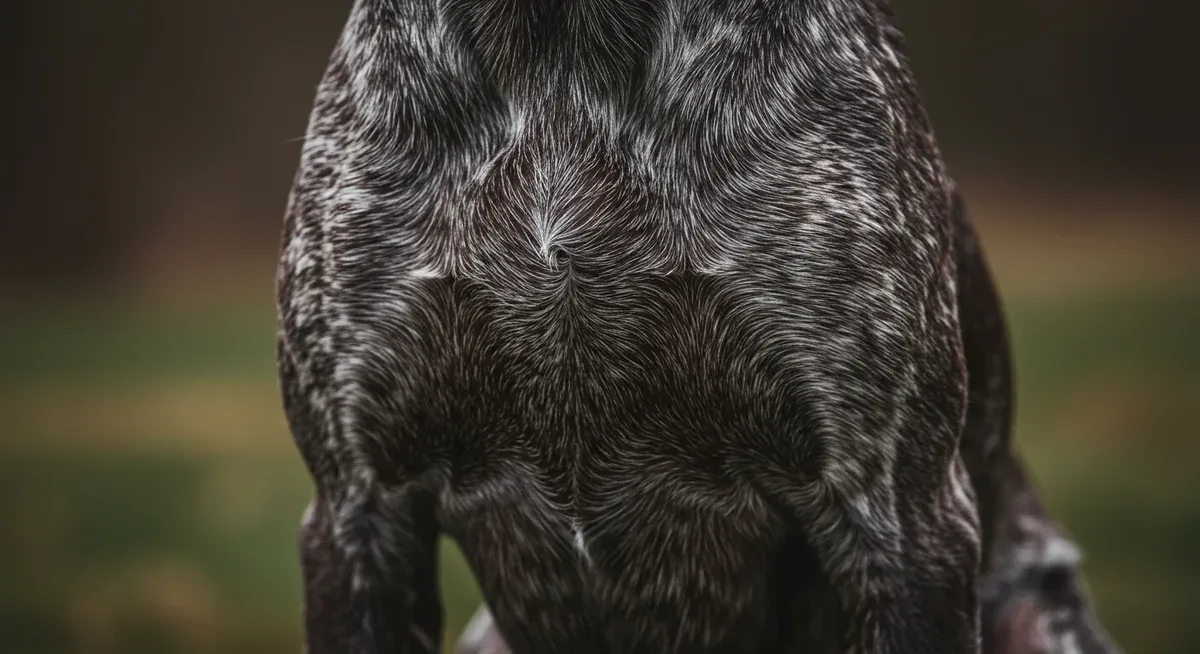 Close-up view of a German Shorthaired Pointer's deep chest structure, illustrating the anatomical feature that increases bloat risk in this breed