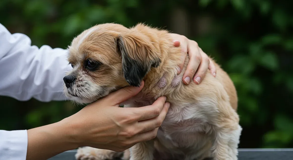 A Shih Tzu being examined for common skin problems like dryness and irritation, demonstrating the skin conditions that require specialized shampoo treatment
