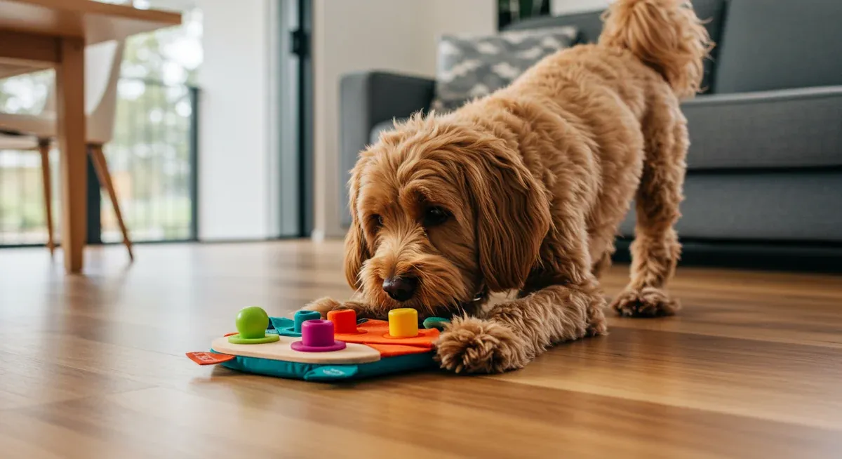 A Cavoodle dog actively engaged with a colorful puzzle toy on a wooden floor, demonstrating mental stimulation activities that prevent destructive behaviors