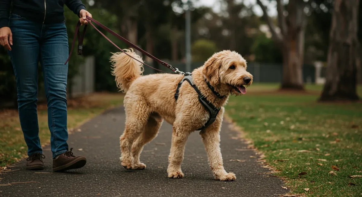 A Goldendoodle walking calmly on a loose leash with proper harness equipment, showing successful leash training techniques for preventing pulling behavior