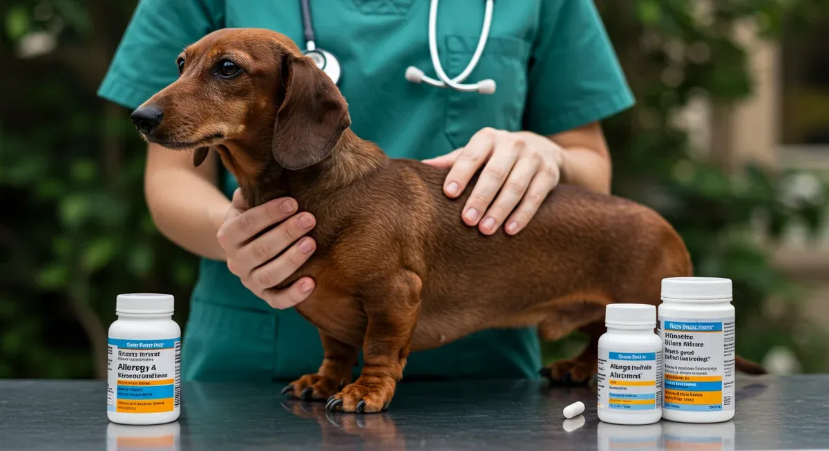 A Dachshund being examined for skin issues with allergy relief supplements nearby, showing the connection between the breed's skin sensitivities and targeted supplementation