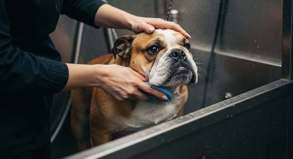 Bulldog receiving a professional bath with special attention to cleaning skin folds using a bathing brush, demonstrating proper bathing technique
