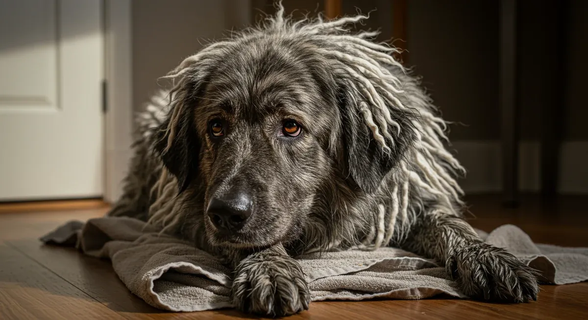 Komondor with wet corded coat during the extended drying process, showing the dog on towels as the dense cords slowly air dry over multiple days
