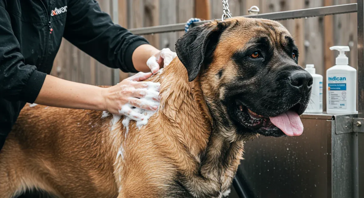 Mastiff receiving a medicated bath with specialized shampoo as part of skin care protocol for preventing bacterial and fungal infections