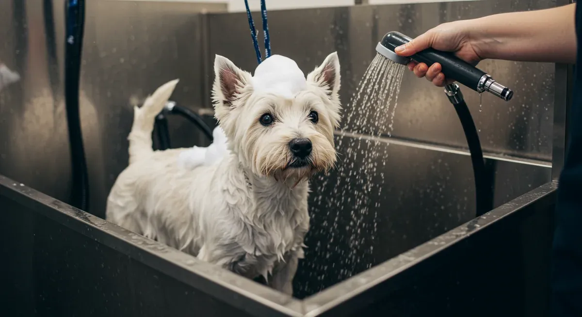 A West Highland White Terrier being bathed with specialized white coat shampoo in a professional grooming tub, showing proper bathing technique for sensitive white coats