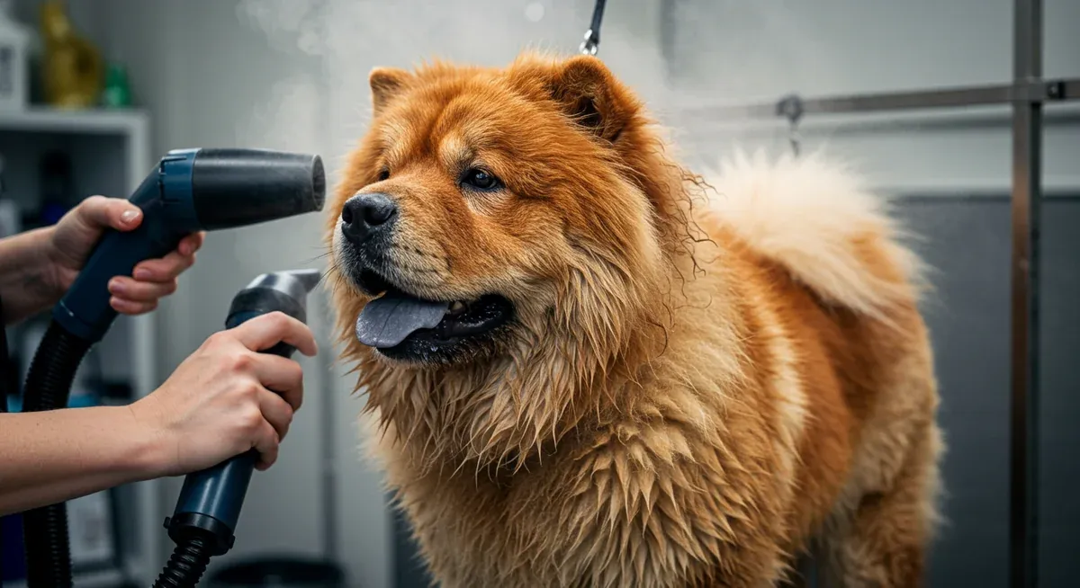 A Chow Chow being professionally dried after bathing, highlighting the importance of complete drying to prevent skin issues
