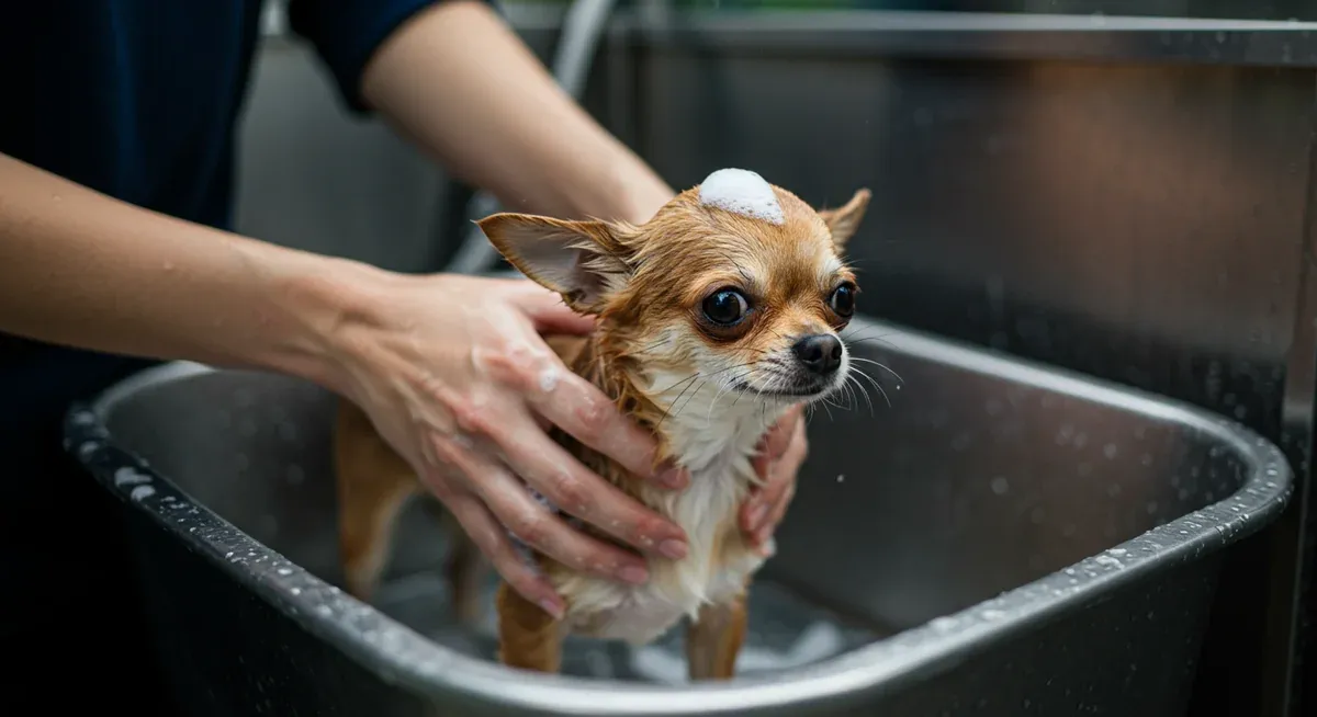 A Chihuahua being gently bathed in a shallow basin, demonstrating the proper bathing technique with appropriate water depth and gentle handling