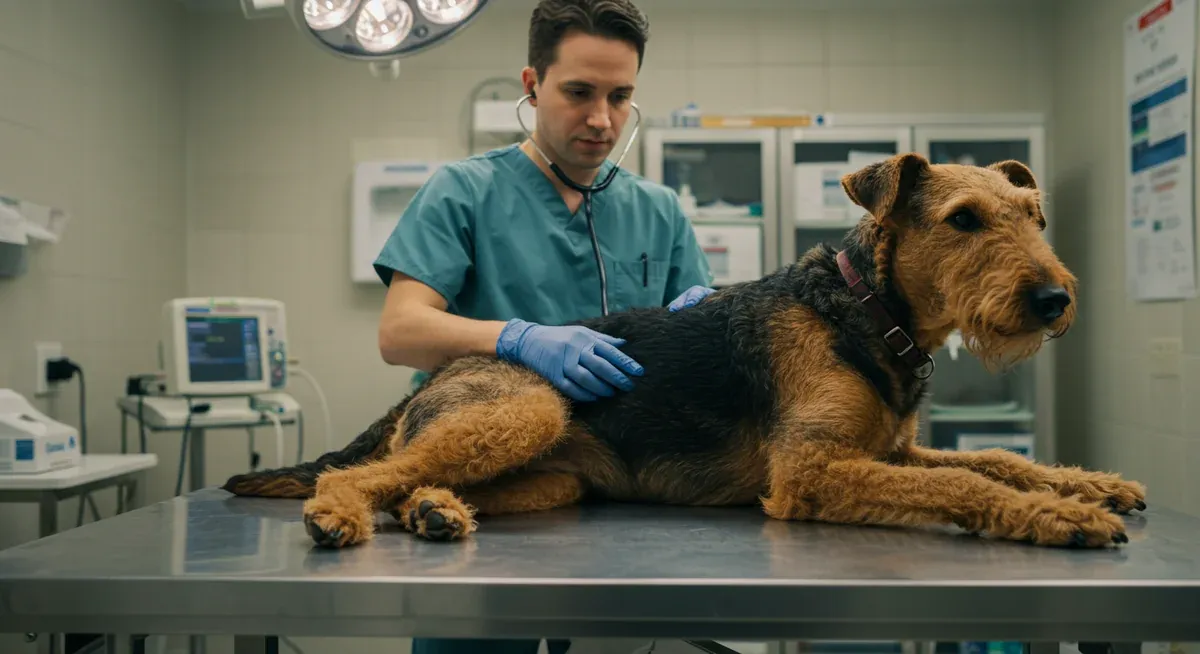 Emergency veterinary examination of Airedale Terrier showing abdominal distension characteristic of bloat, with veterinarian conducting urgent assessment in clinical setting