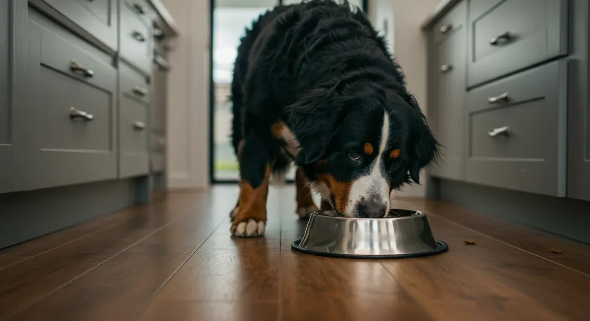 Bernese Mountain Dog eating from a ground-level bowl demonstrating proper feeding practices to prevent bloat