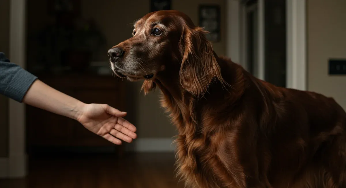 Irish Setter displaying early warning signs of bloat with distended abdomen and distressed posture, illustrating the critical symptoms owners need to recognize immediately
