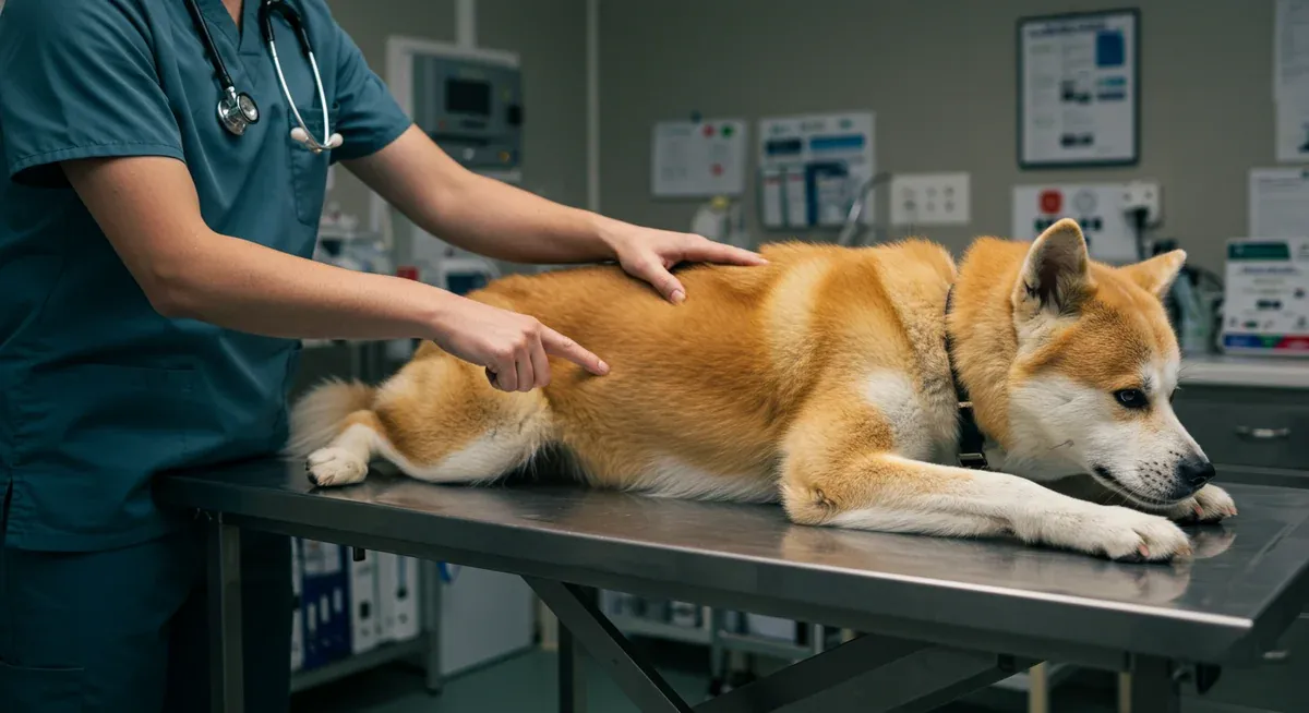 An Akita with visible bloat symptoms being examined by an emergency veterinarian, illustrating the critical nature of gastric dilatation-volvulus that requires immediate medical intervention