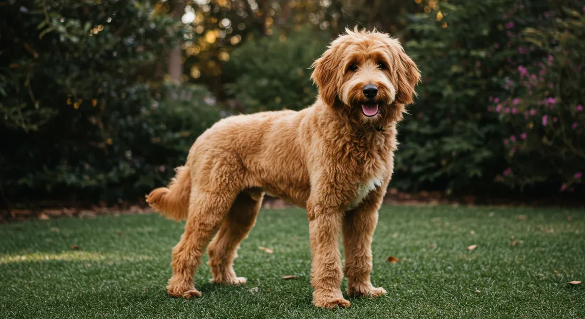 A Goldendoodle with a Lion Cut grooming style showing the dramatic contrast between the shaved hindquarters and full mane, demonstrating this bold grooming option for confident dogs