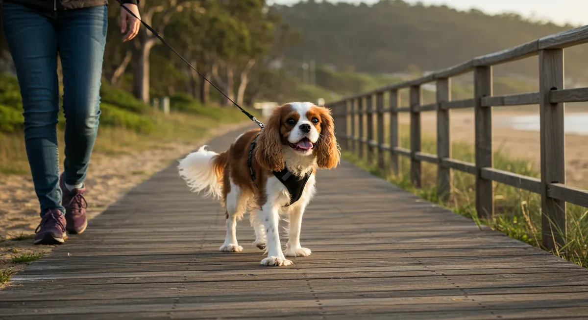 Cavalier King Charles Spaniel on gentle exercise walk with owner, demonstrating appropriate low-impact activity for weight loss