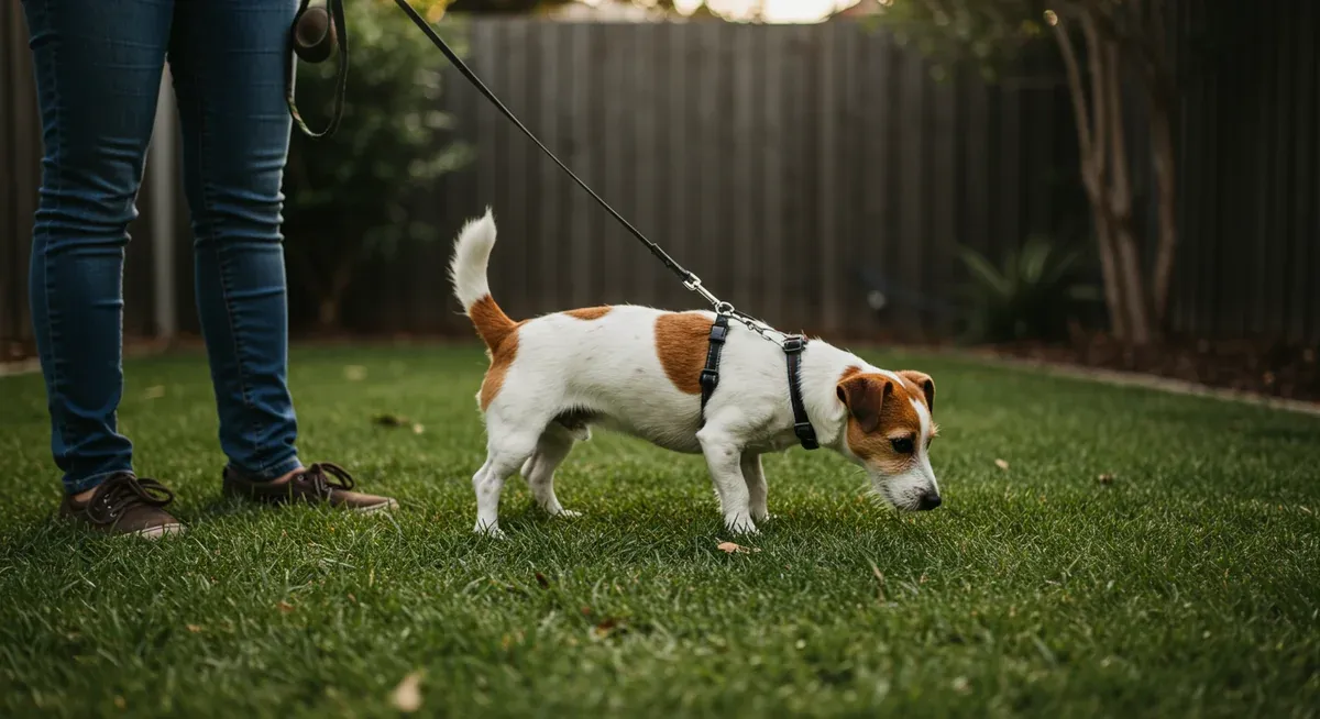 Jack Russell Terrier being taken to a specific outdoor spot in backyard, illustrating the importance of establishing a consistent toileting routine and location