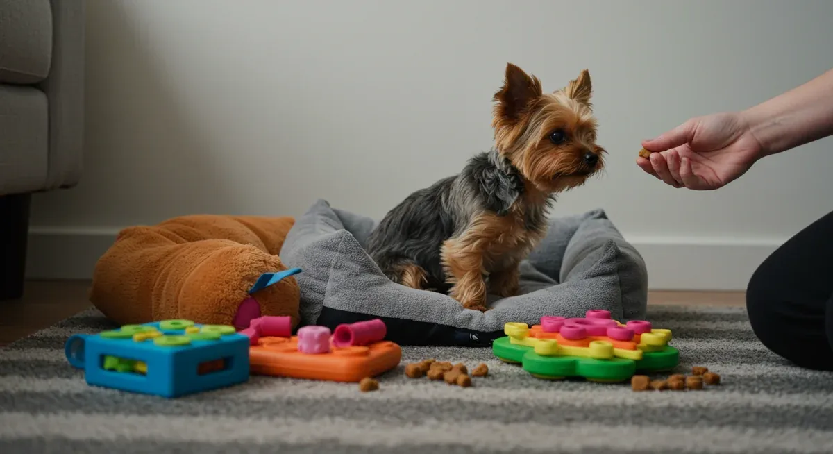 Yorkshire Terrier in comfortable safe space with puzzle toys during separation anxiety training session