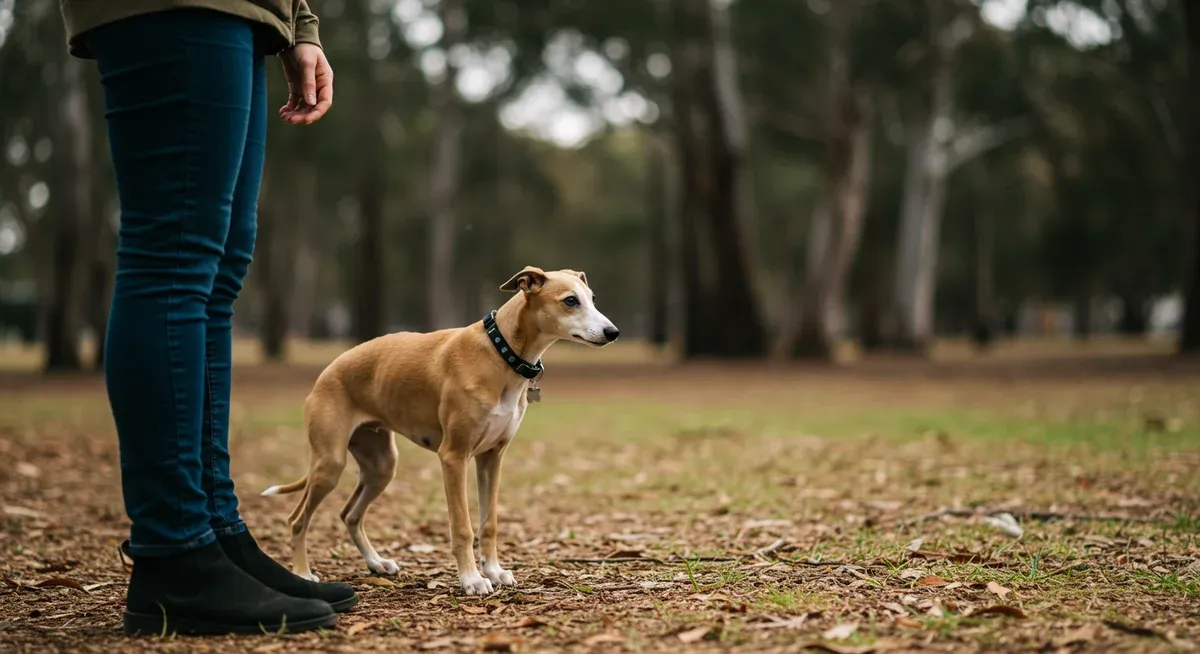 A young Whippet puppy observing a stranger from a comfortable distance, showing the gradual, confidence-building approach to socialisation recommended for naturally shy Whippets