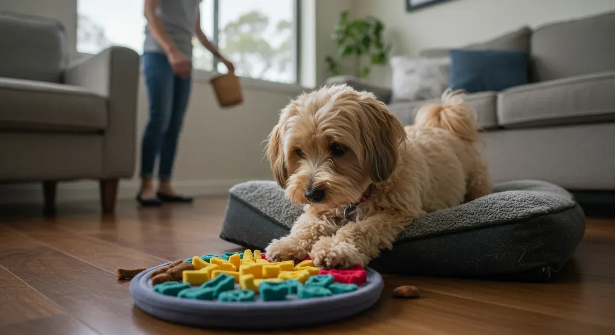 A Havanese dog engaged with a puzzle toy on their bed while their owner prepares to leave, demonstrating gradual independence training