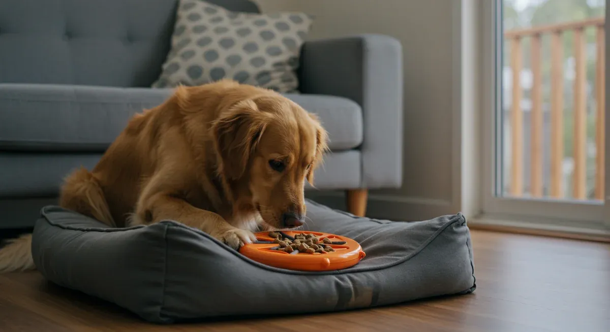 Golden Retriever calmly working on a puzzle toy, showing positive training techniques for building independence and reducing separation anxiety