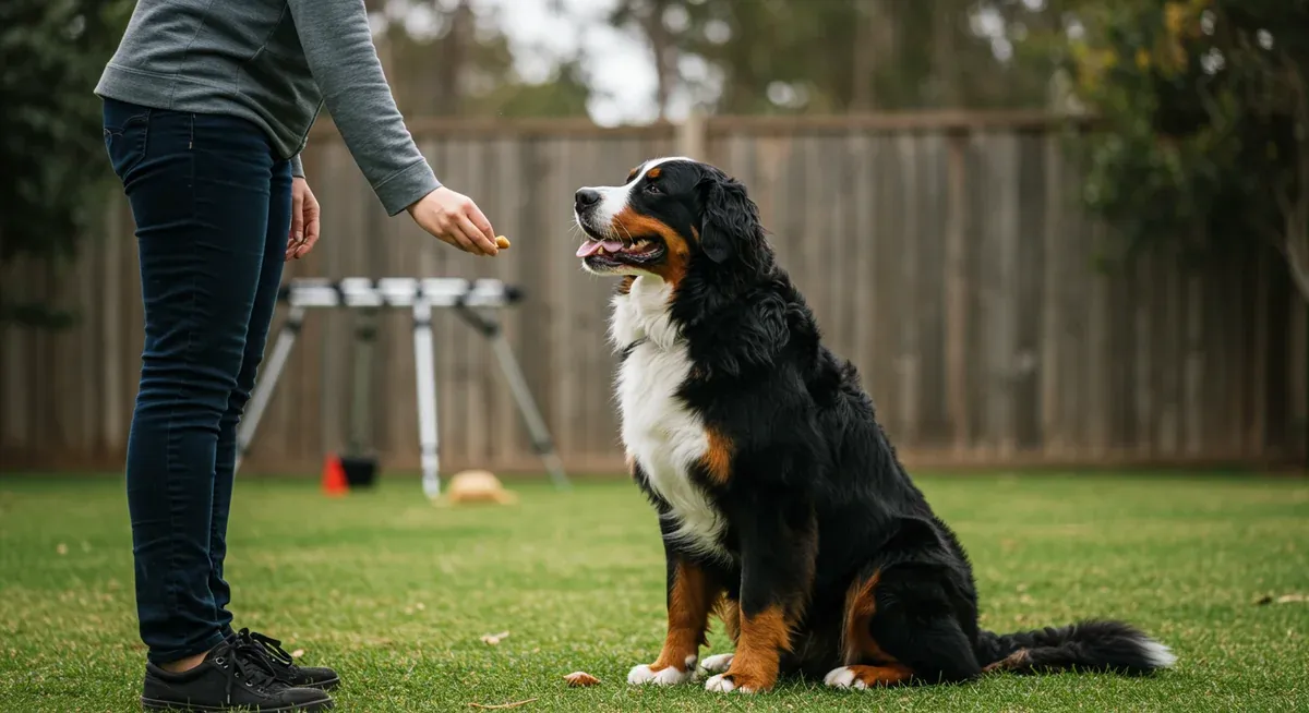 A Bernese Mountain Dog receiving positive reinforcement training with treats from its owner, illustrating the counter-conditioning and desensitization techniques described for managing aggression