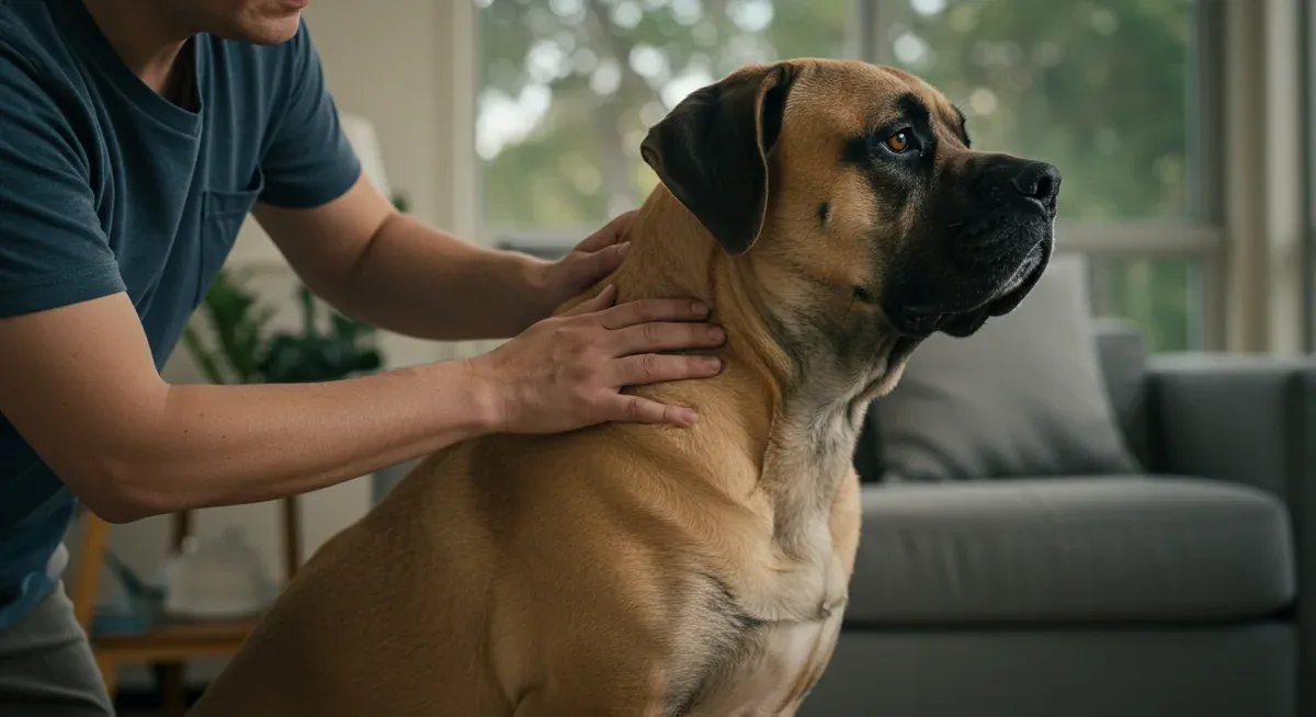 A Mastiff owner checking their dog's lymph nodes as part of routine cancer screening and early detection practices