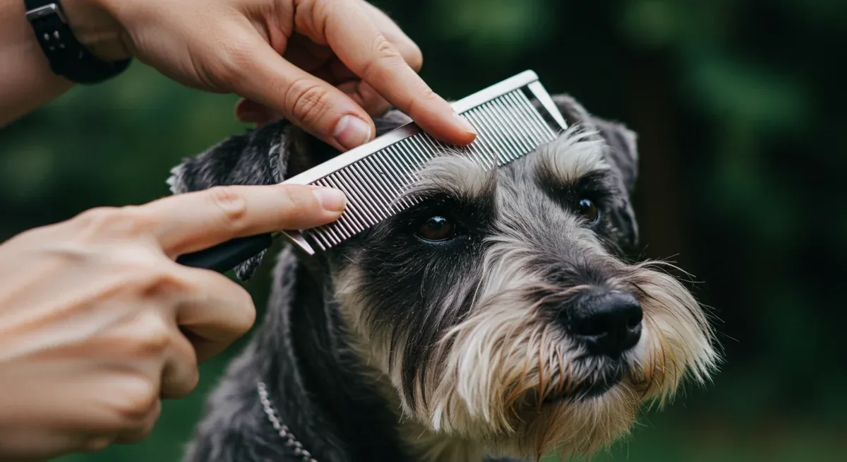 Detailed close-up of a Schnauzer's facial grooming, showing the characteristic eyebrows and beard being carefully combed around the eye area