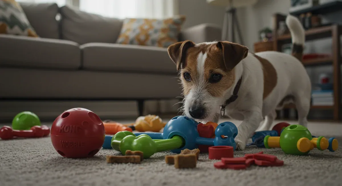 Jack Russell Terrier focused on puzzle toys and mental stimulation games on living room floor, showing how to channel the breed's high energy constructively