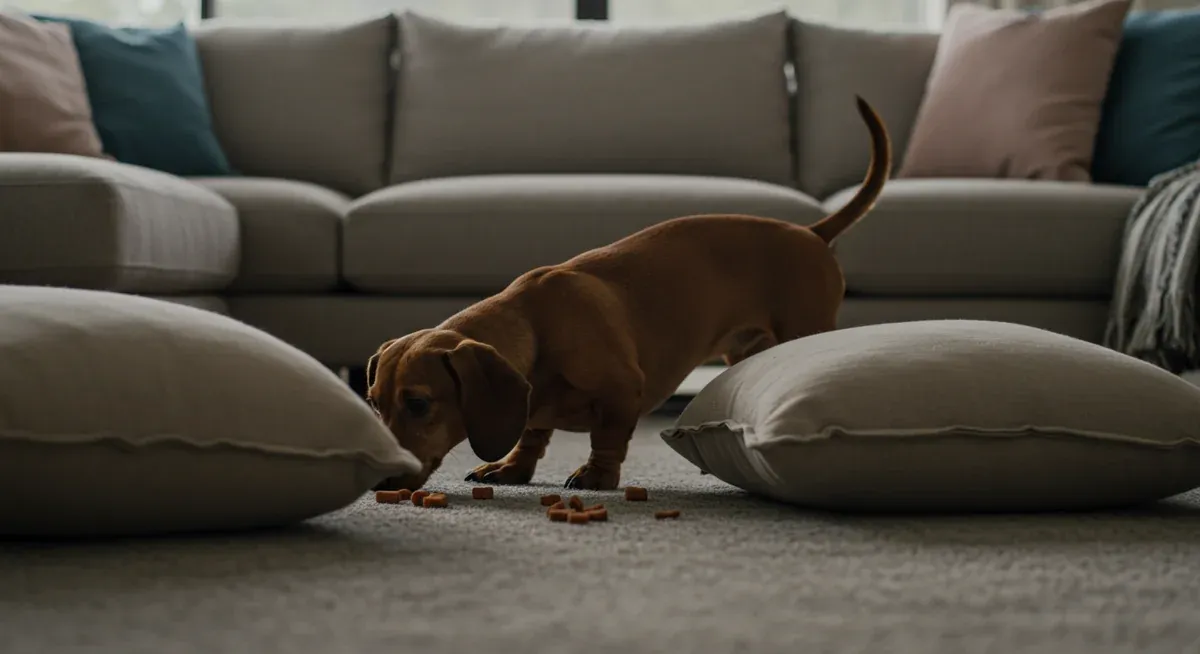 Dachshund puppy using its natural scenting ability to search for hidden treats, showing how nose work games channel hunting instincts constructively