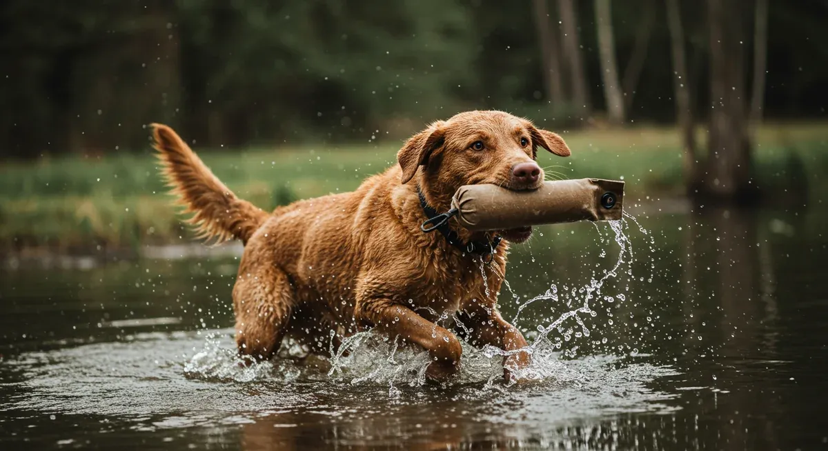 A Chesapeake Bay Retriever retrieving a training dummy from water, demonstrating how to channel the breed's natural drives during training